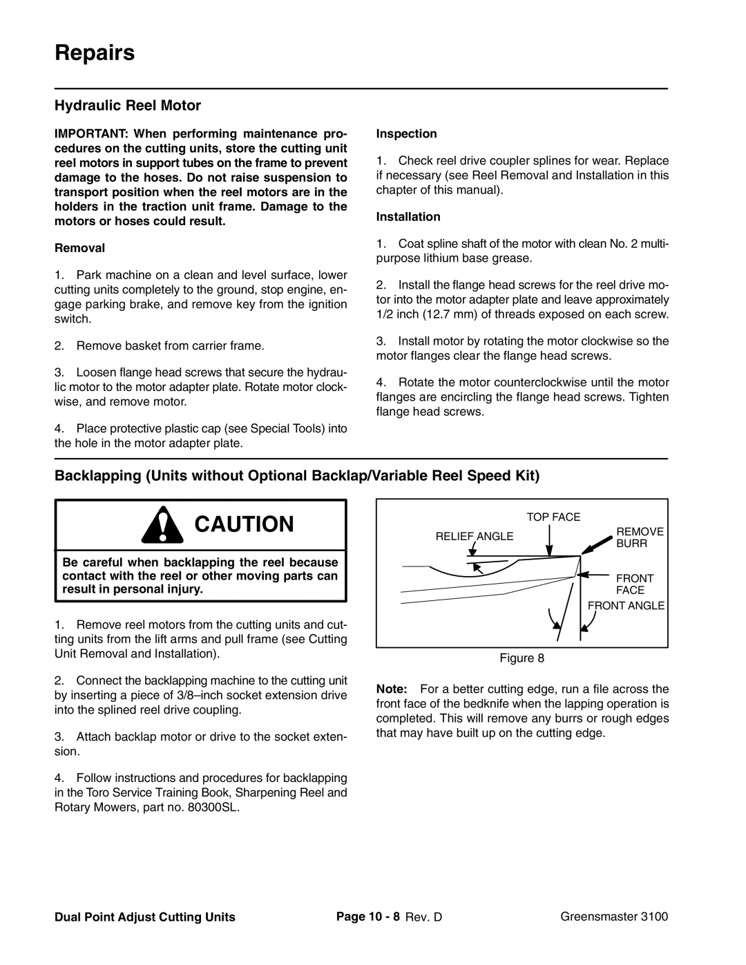 Toro 3100 manual Hydraulic Reel Motor, Removal, Installation, Dual Point Adjust Cutting Units 10 8 Rev. D Greensmaster 