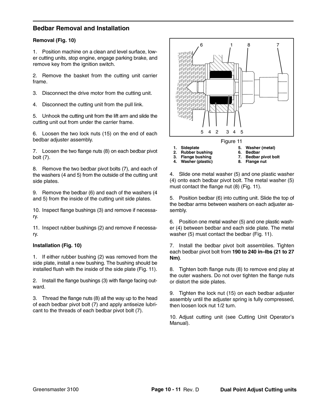 Toro 3100 Bedbar Removal and Installation, Removal Fig, Installation Fig, 10 11 Rev. D Dual Point Adjust Cutting units 