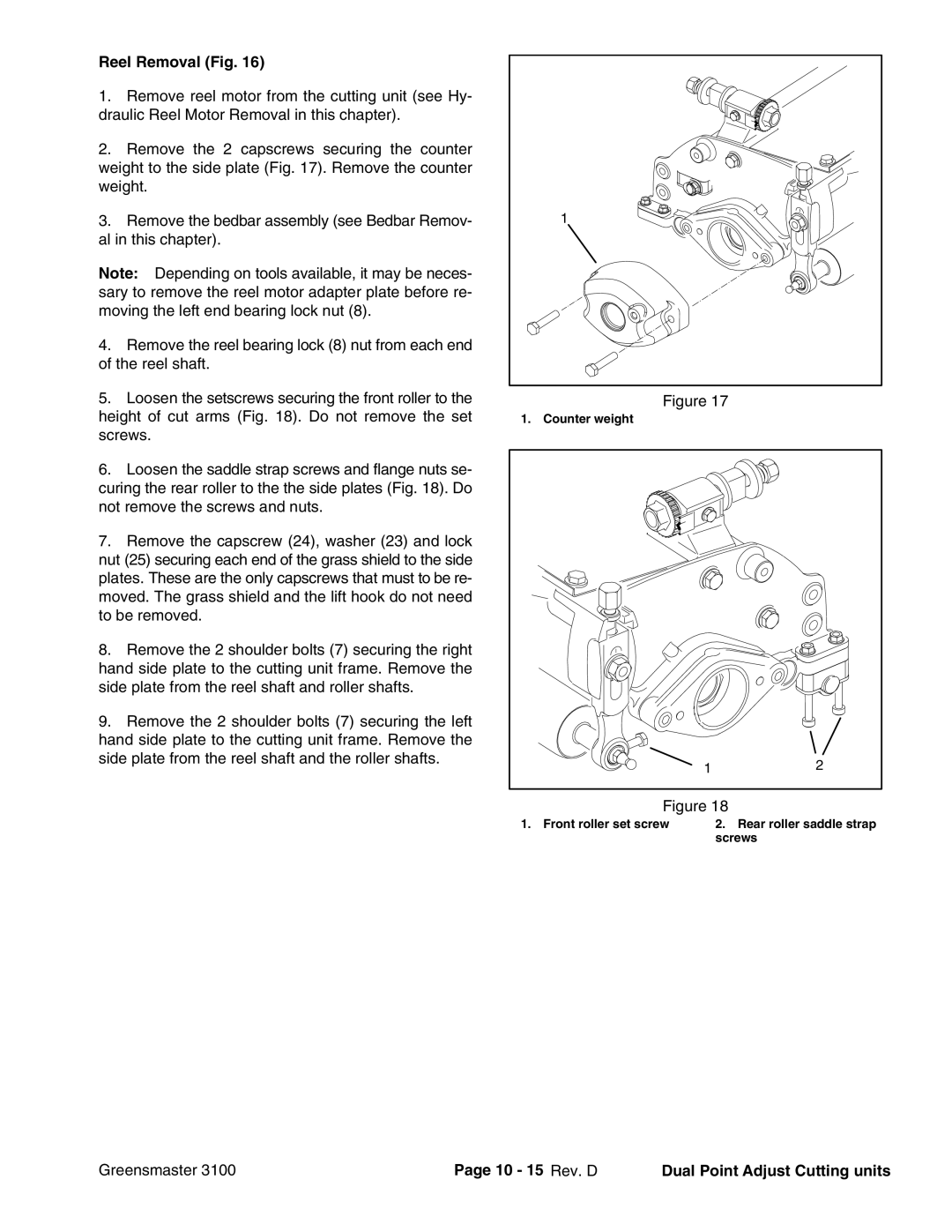 Toro 3100 manual Reel Removal Fig, 10 15 Rev. D Dual Point Adjust Cutting units 