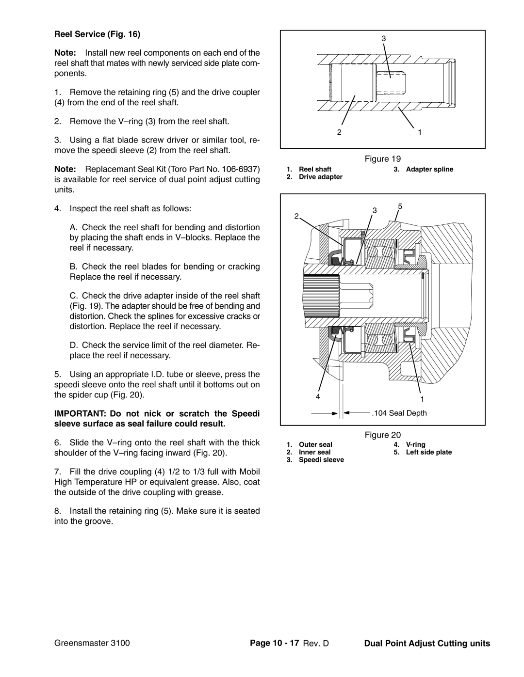 Toro 3100 manual Reel Service Fig, 10 17 Rev. D Dual Point Adjust Cutting units 
