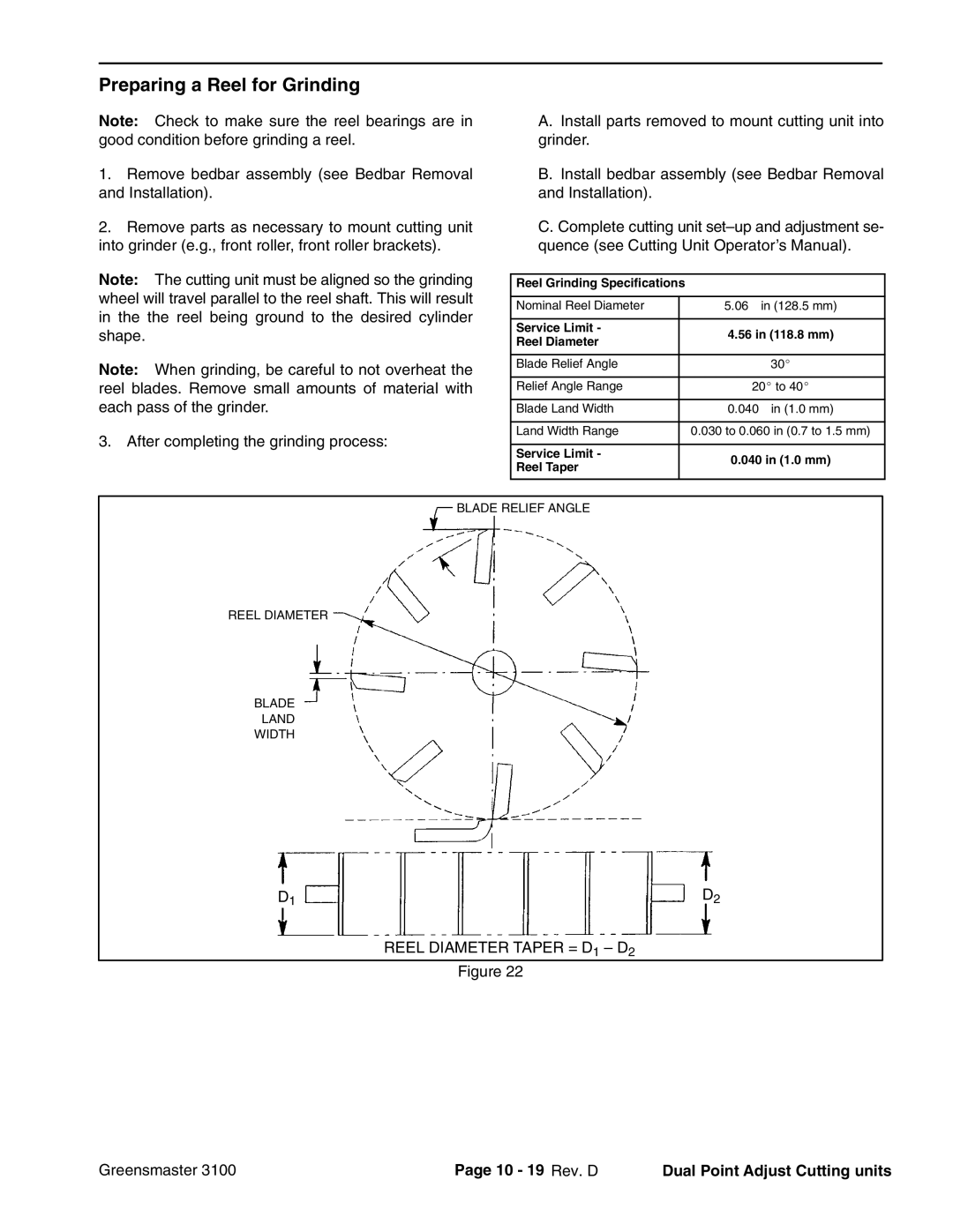 Toro 3100 manual Preparing a Reel for Grinding, 10 19 Rev. D Dual Point Adjust Cutting units 