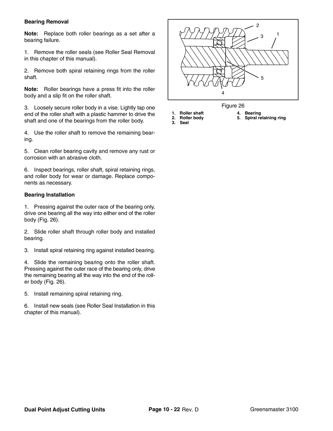 Toro 3100 manual Bearing Removal, Bearing Installation, Dual Point Adjust Cutting Units 10 22 Rev. D Greensmaster 
