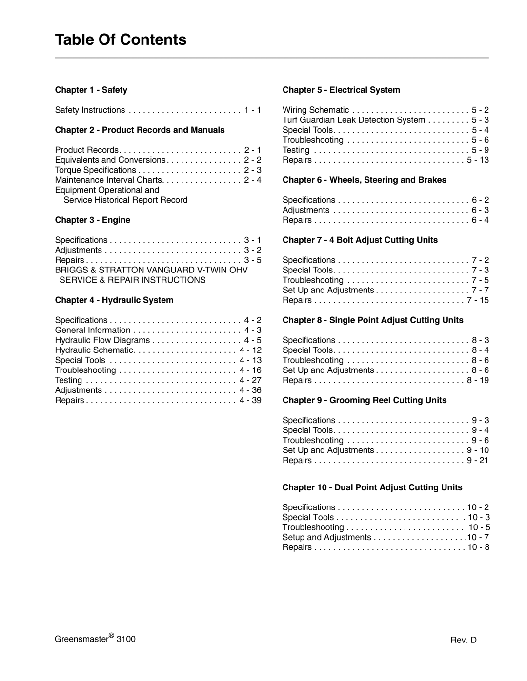 Toro 3100 manual Table Of Contents 