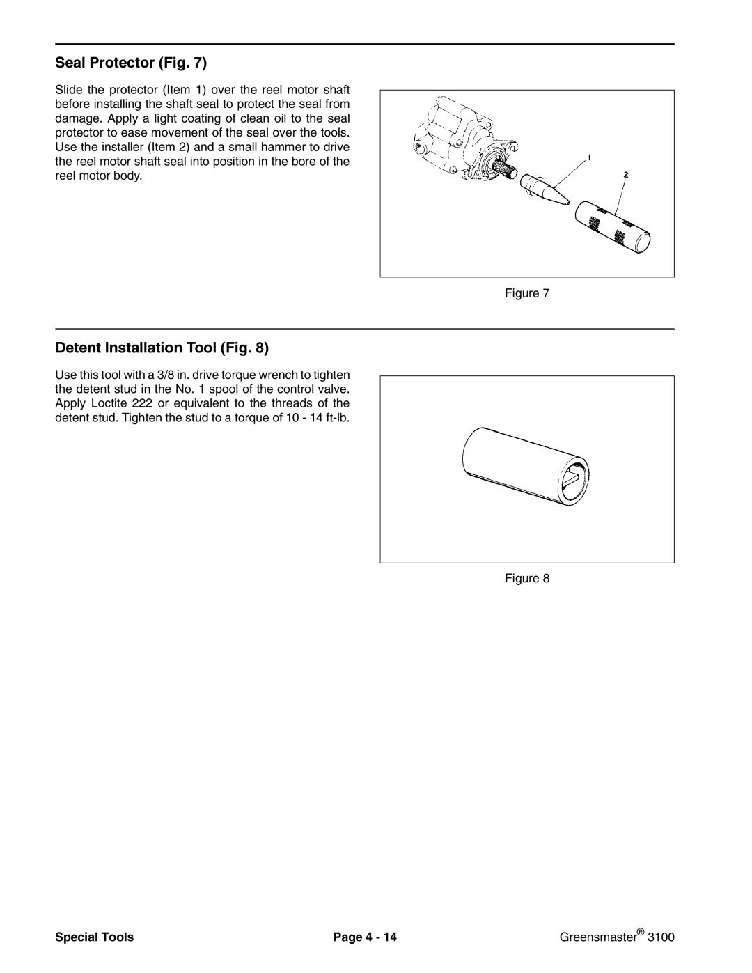 Toro 3100 manual Seal Protector Fig, Detent Installation Tool Fig, Special Tools Greensmaster 