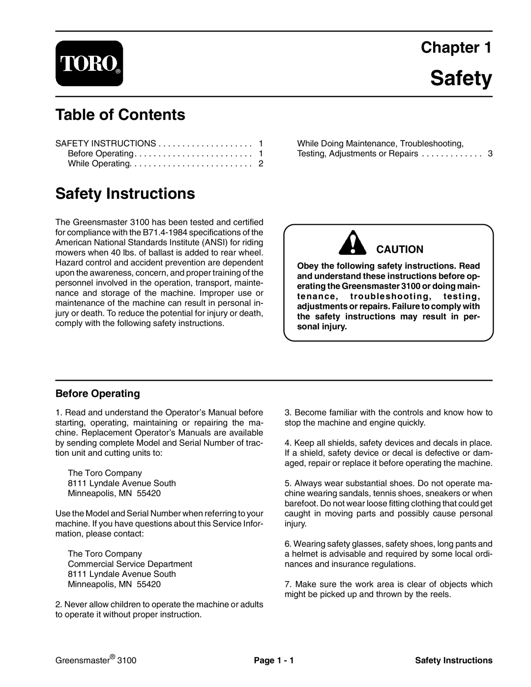 Toro 3100 manual Chapter, Safety Instructions, Before Operating 