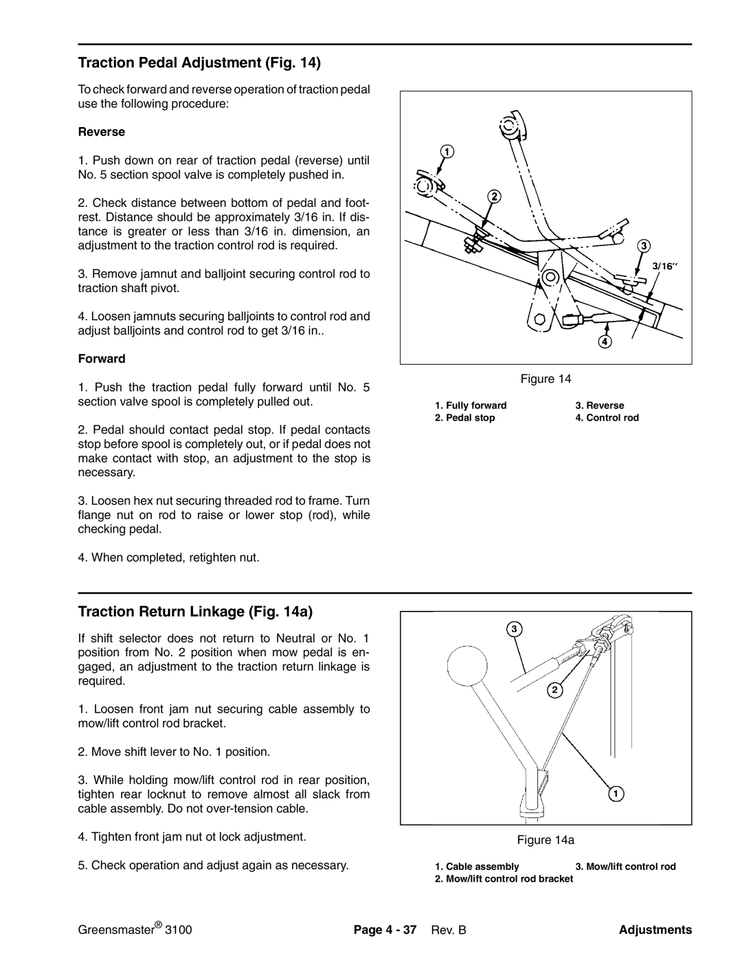 Toro 3100 manual Traction Pedal Adjustment Fig, Traction Return Linkage a, Reverse, Forward, 4 37 Rev. B Adjustments 