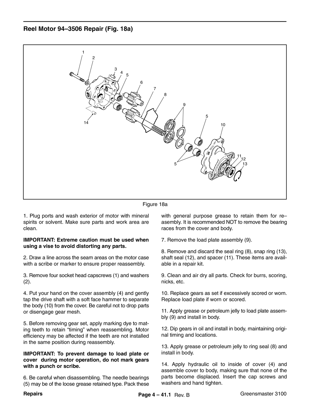 Toro 3100 manual Reel Motor 94-3506 Repair a, Repairs 4 41.1 Rev. B Greensmaster 