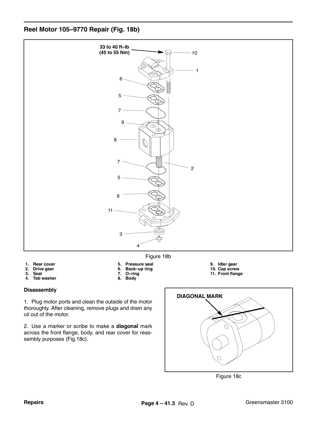 Toro 3100 manual Reel Motor 105-9770 Repair b, Disassembly, Repairs 4 41.3 Rev. D Greensmaster 