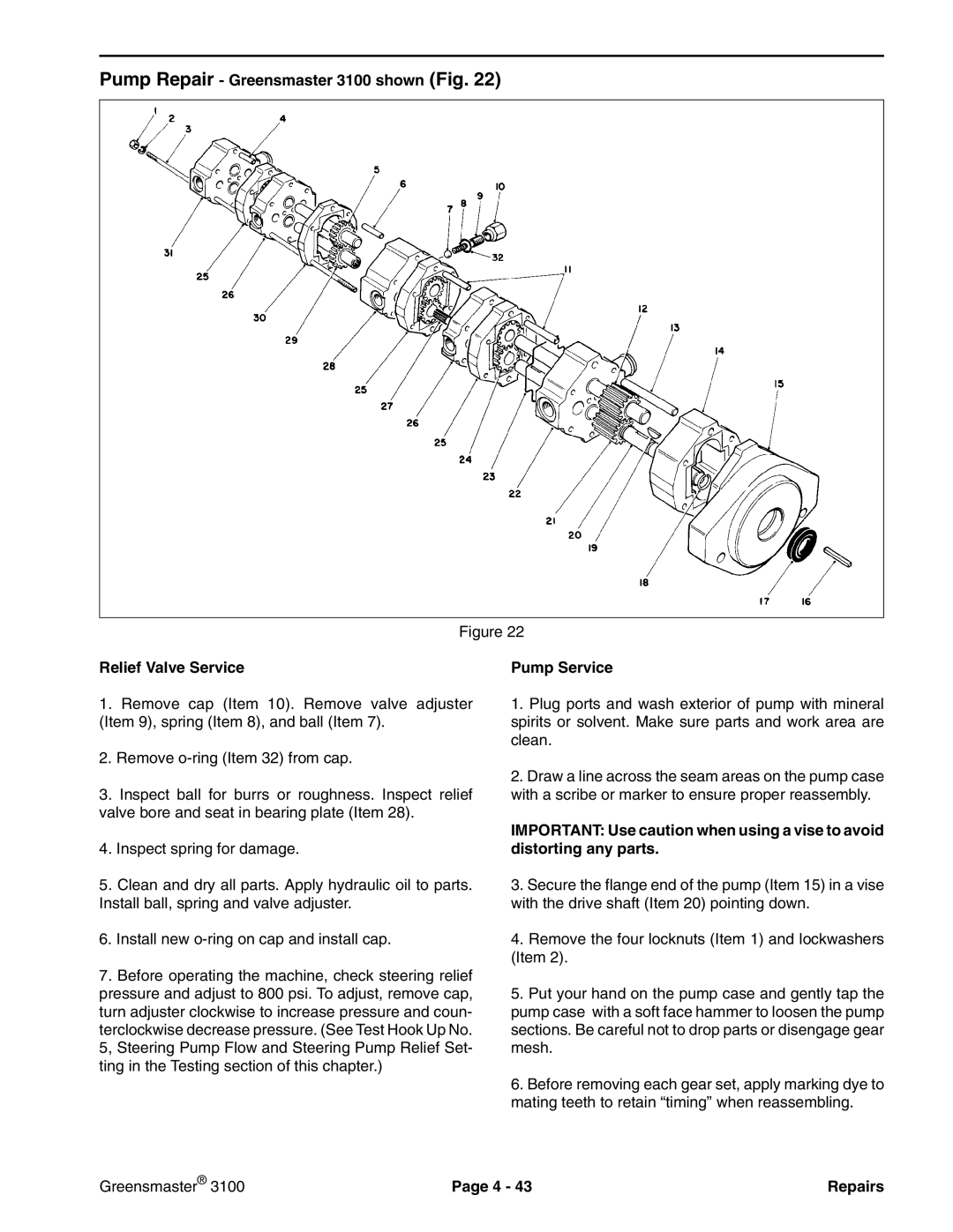 Toro manual Pump Repair Greensmaster 3100 shown Fig Relief Valve Service 