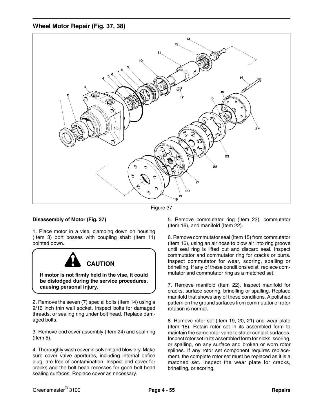 Toro 3100 manual Wheel Motor Repair, Disassembly of Motor Fig 