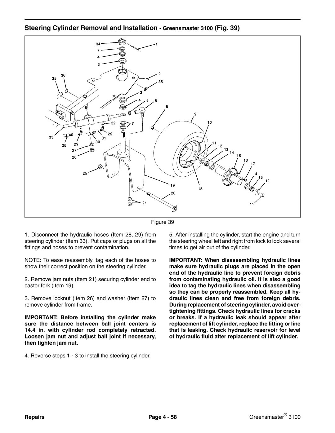 Toro 3100 manual Reverse steps 1 3 to install the steering cylinder 