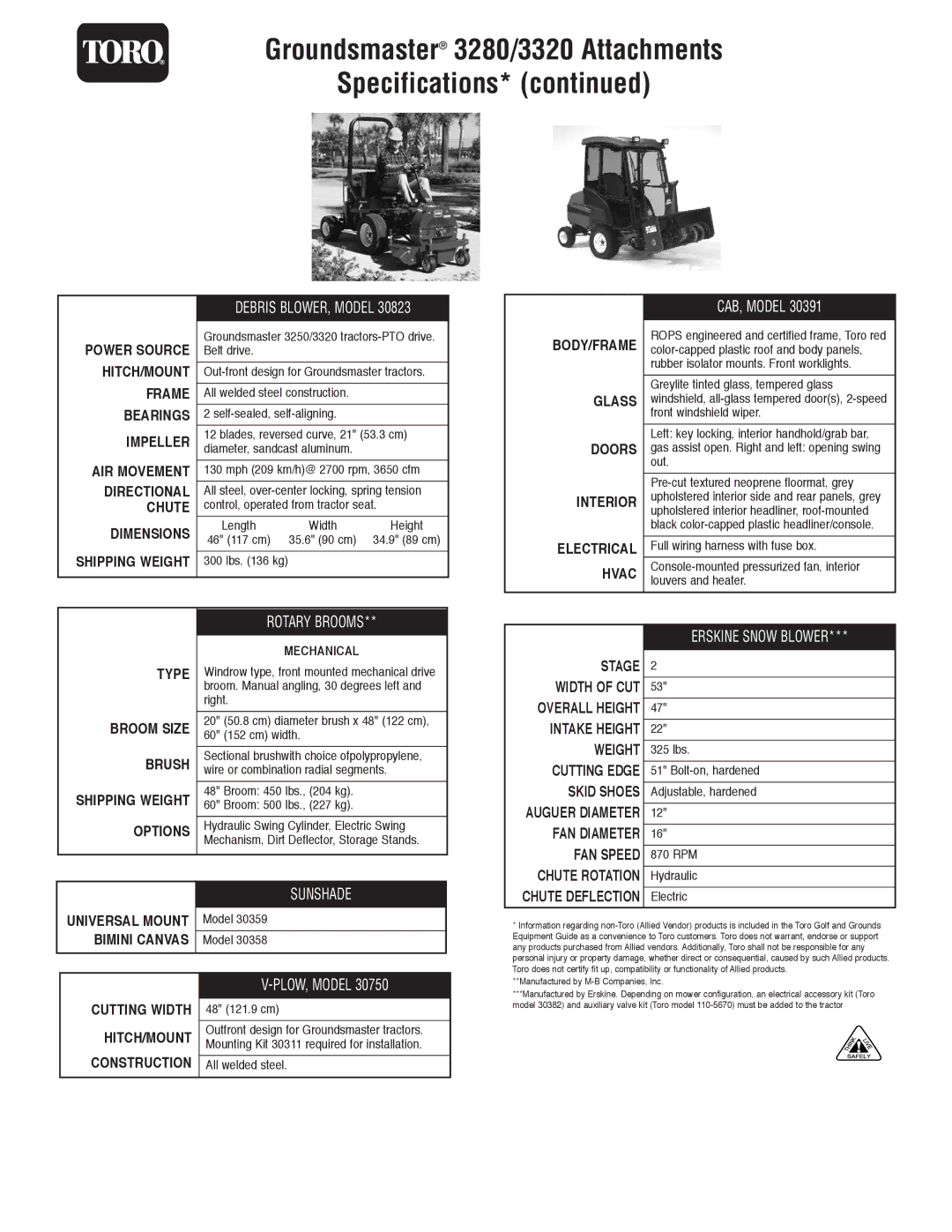 Toro 3280-D specifications Groundsmaster 3280/3320 Attachments Specifications 