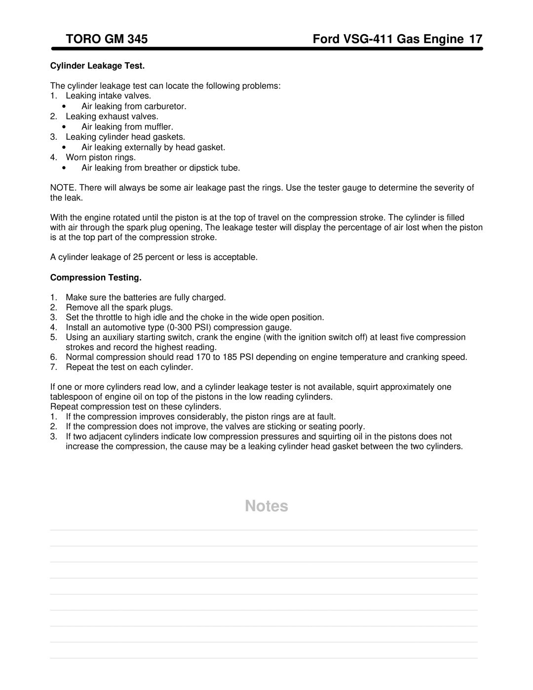 Toro 325-D, 345 manual Cylinder Leakage Test, Compression Testing 