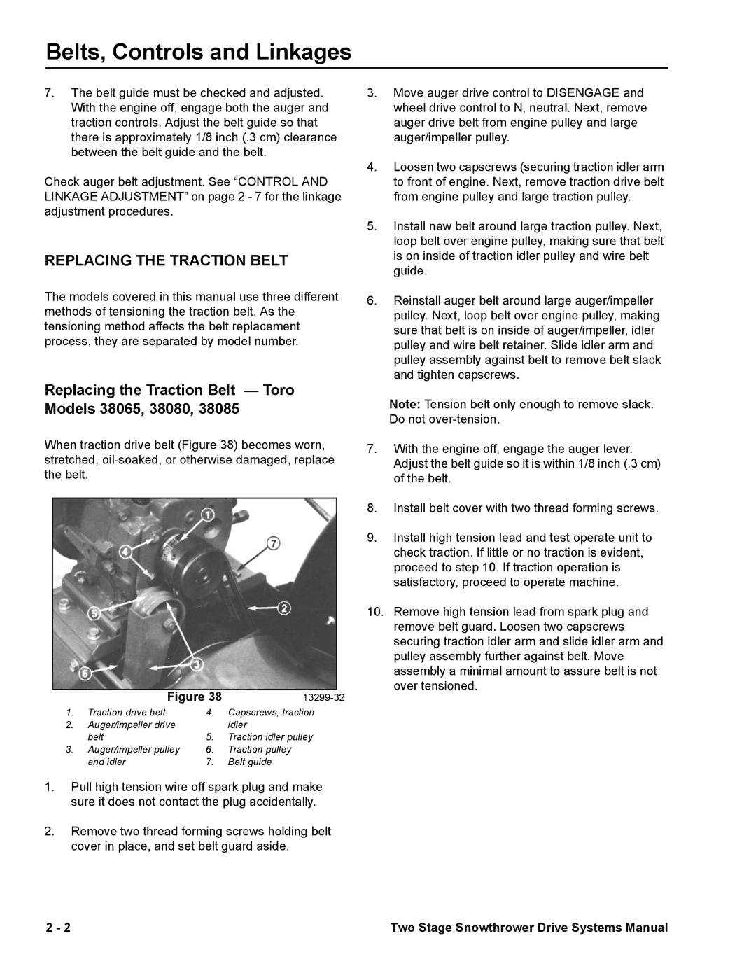 Toro manual Replacing the Traction Belt Toro Models 38065, 38080 