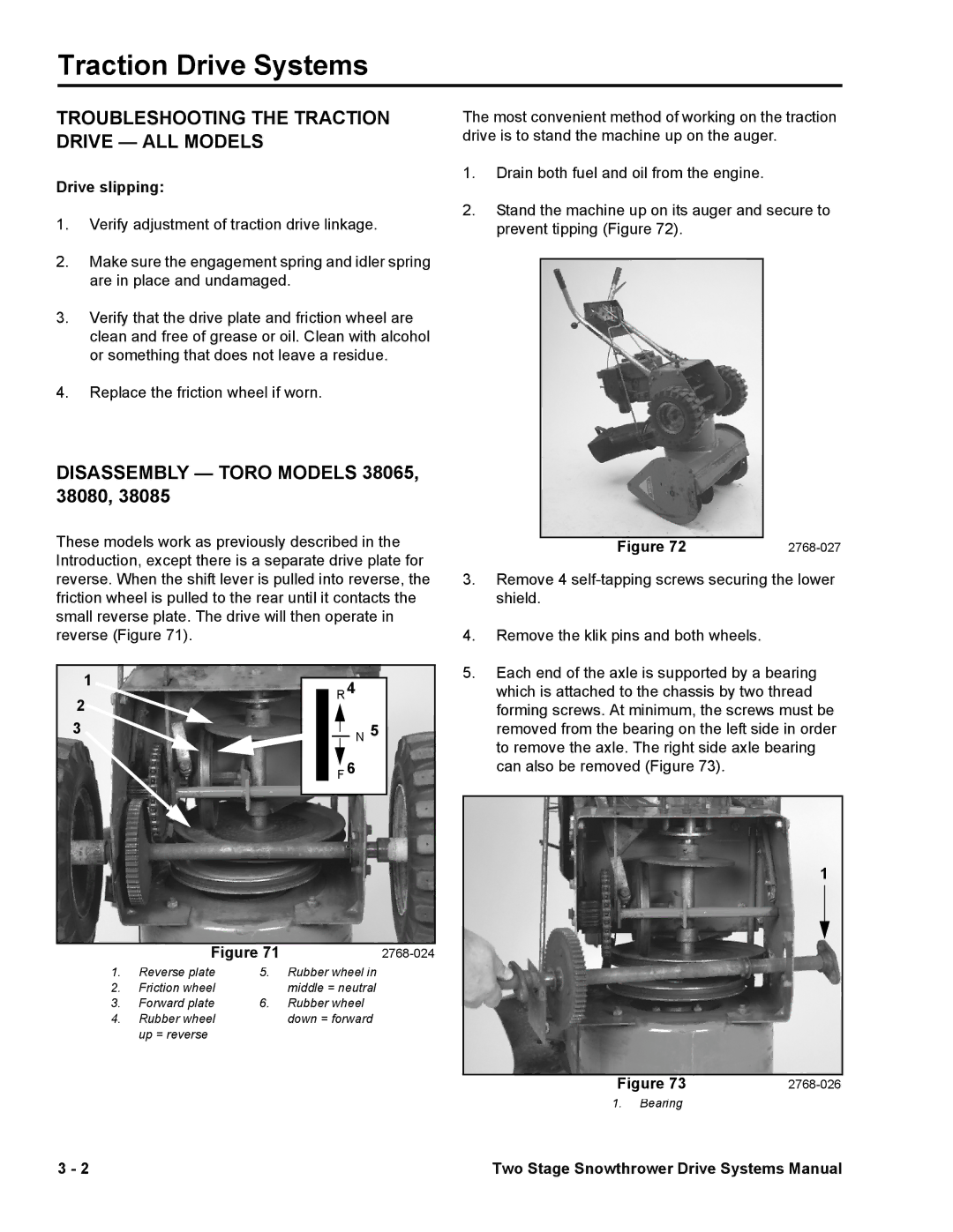 Toro manual Troubleshooting the Traction Drive ALL Models, Disassembly Toro Models 38065, 38080 