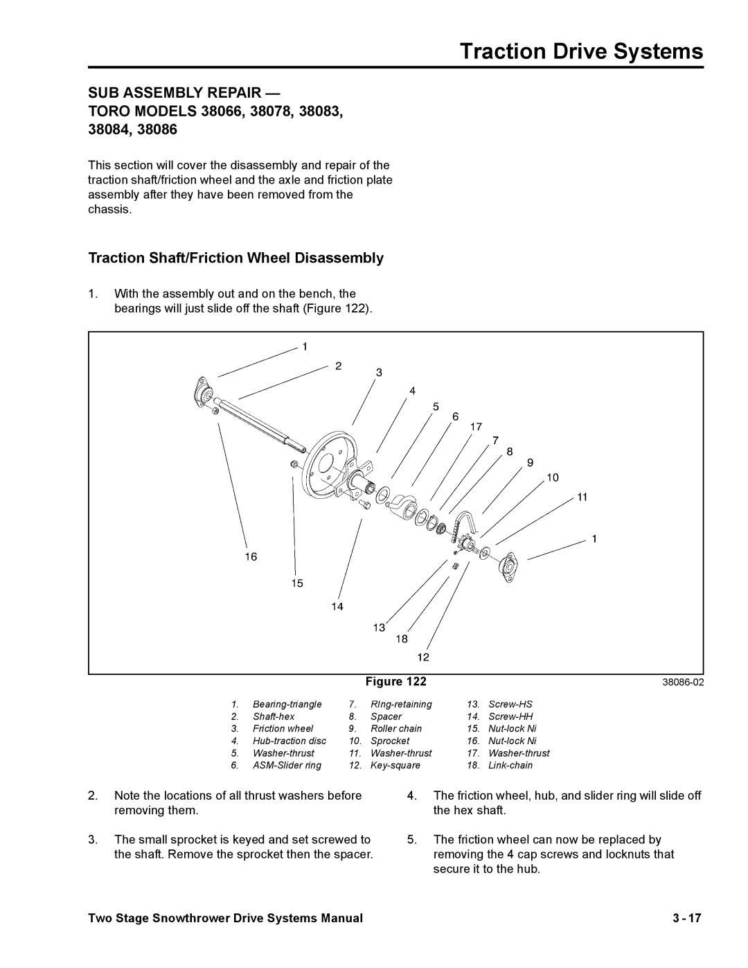 Toro 38065, 38080 SUB Assembly Repair, Toro Models 38066, 38078, 38083, 38084, Traction Shaft/Friction Wheel Disassembly 