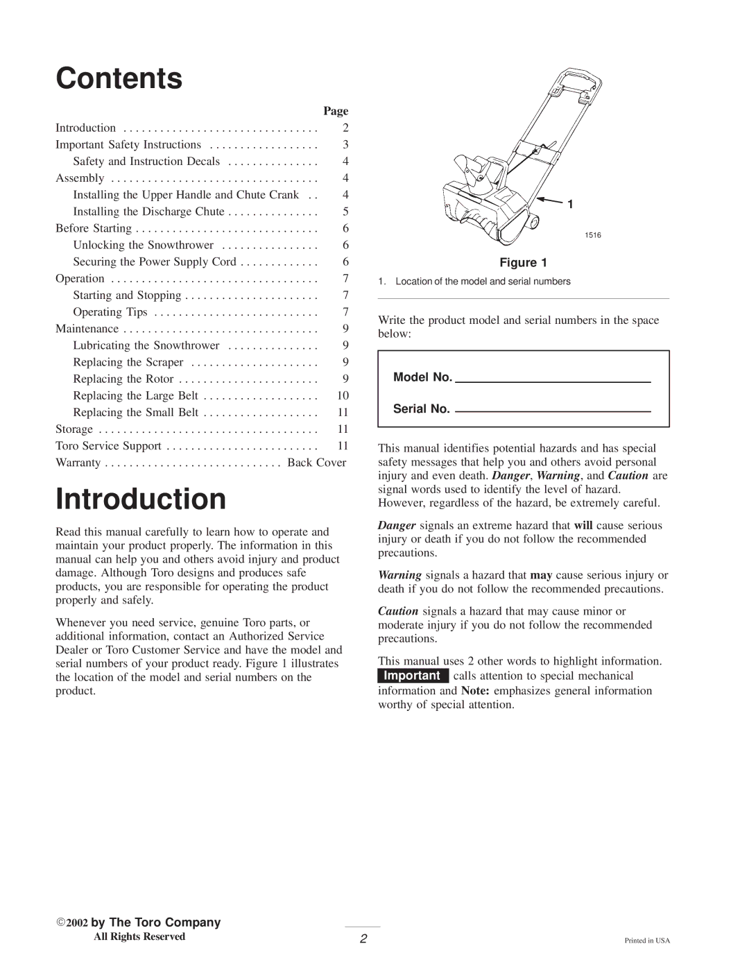 Toro 3.80E+13 manual Contents, Introduction 