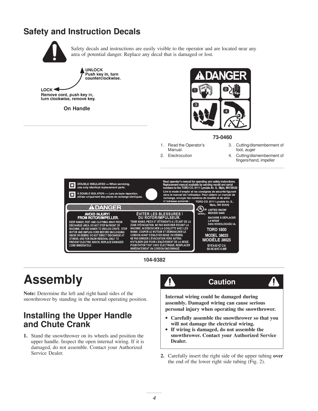 Toro 3.80E+13 Assembly, Safety and Instruction Decals, Installing the Upper Handle and Chute Crank, On Handle 73-0460 