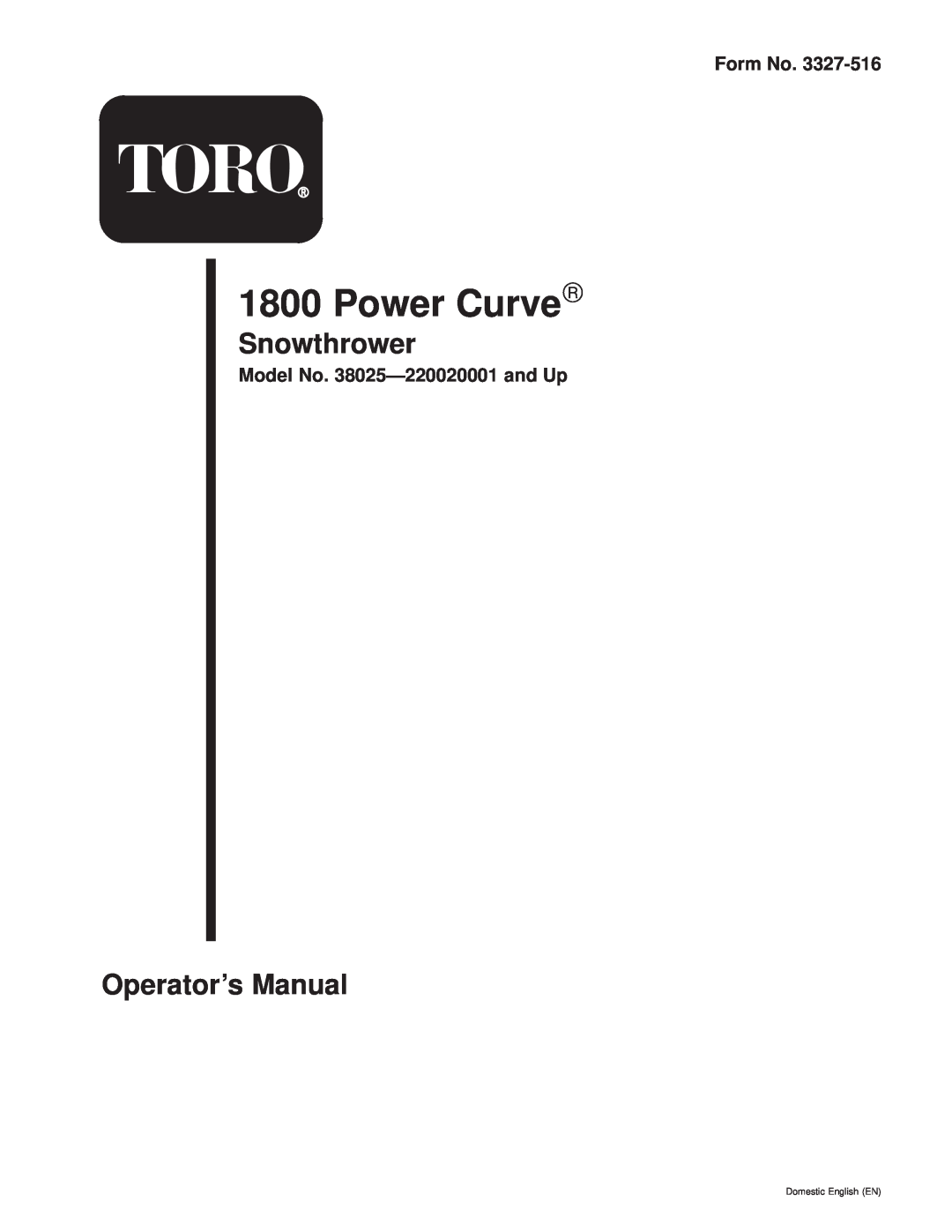 Toro 3.80E+13 manual Power Curve, Form No, Model No. 38025Ð220020001 and Up, Snowthrower, Operators Manual 