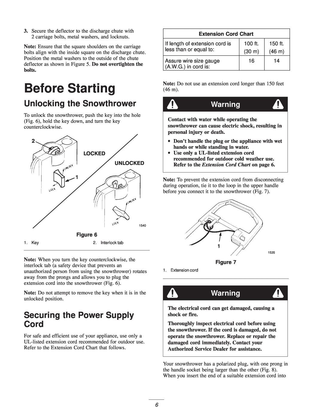 Toro 3.80E+13 manual Before Starting, Unlocking the Snowthrower, Securing the Power Supply Cord, Extension Cord Chart 