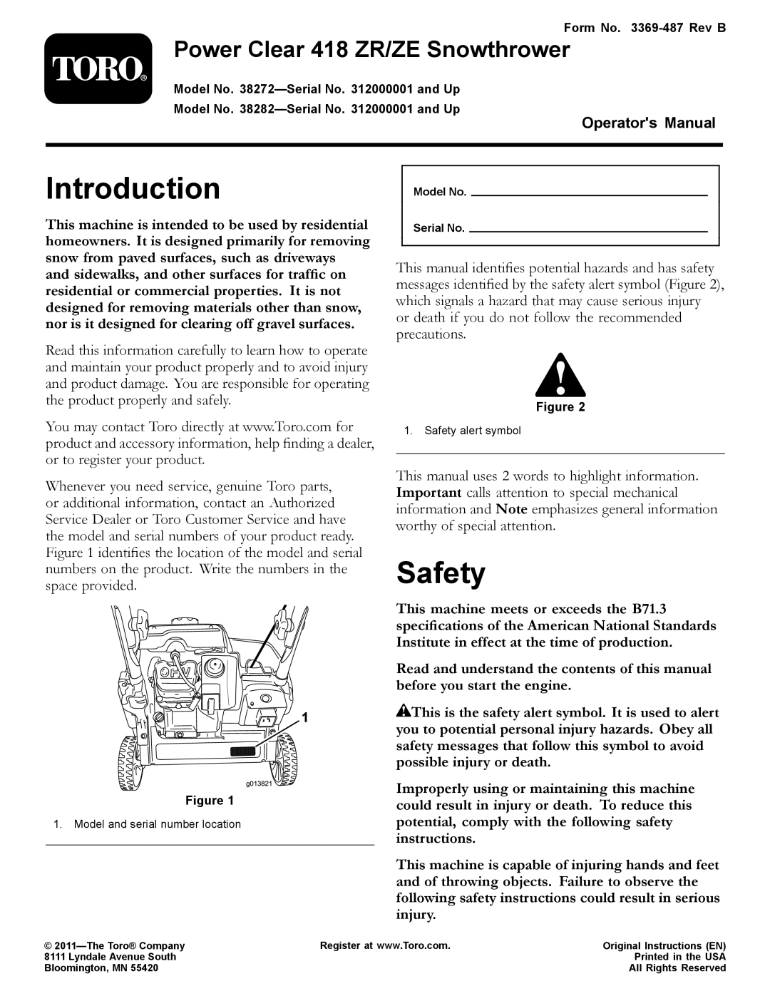 Toro 38282 manual Introduction, Safety, Power Clear 418 ZR/ZE Snowthrower, Form No -487 Rev B, Model No -Serial No and Up 