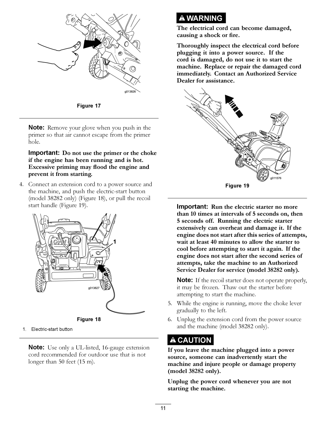 Toro 38282, 38272 manual Electric-start button 