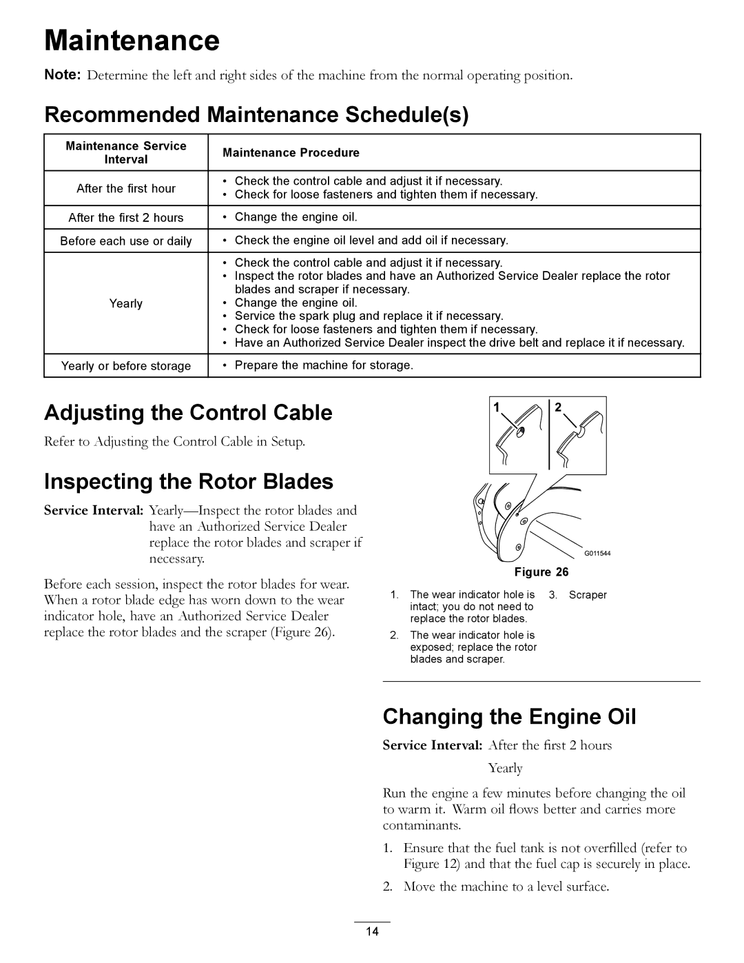 Toro 38272, 38282 manual Recommended Maintenance Schedules, Inspecting the Rotor Blades, Changing the Engine Oil 