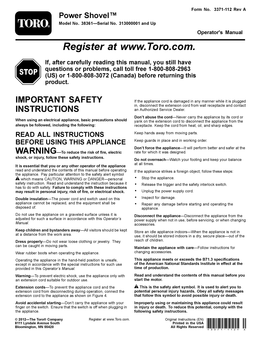 Toro 38361 important safety instructions Power Shovel, Form No -112 Rev a, Model No -Serial No and Up 