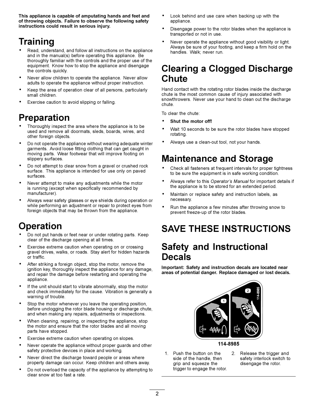 Toro 38361 Training, Preparation, Clearing a Clogged Discharge Chute, Maintenance and Storage, Operation 