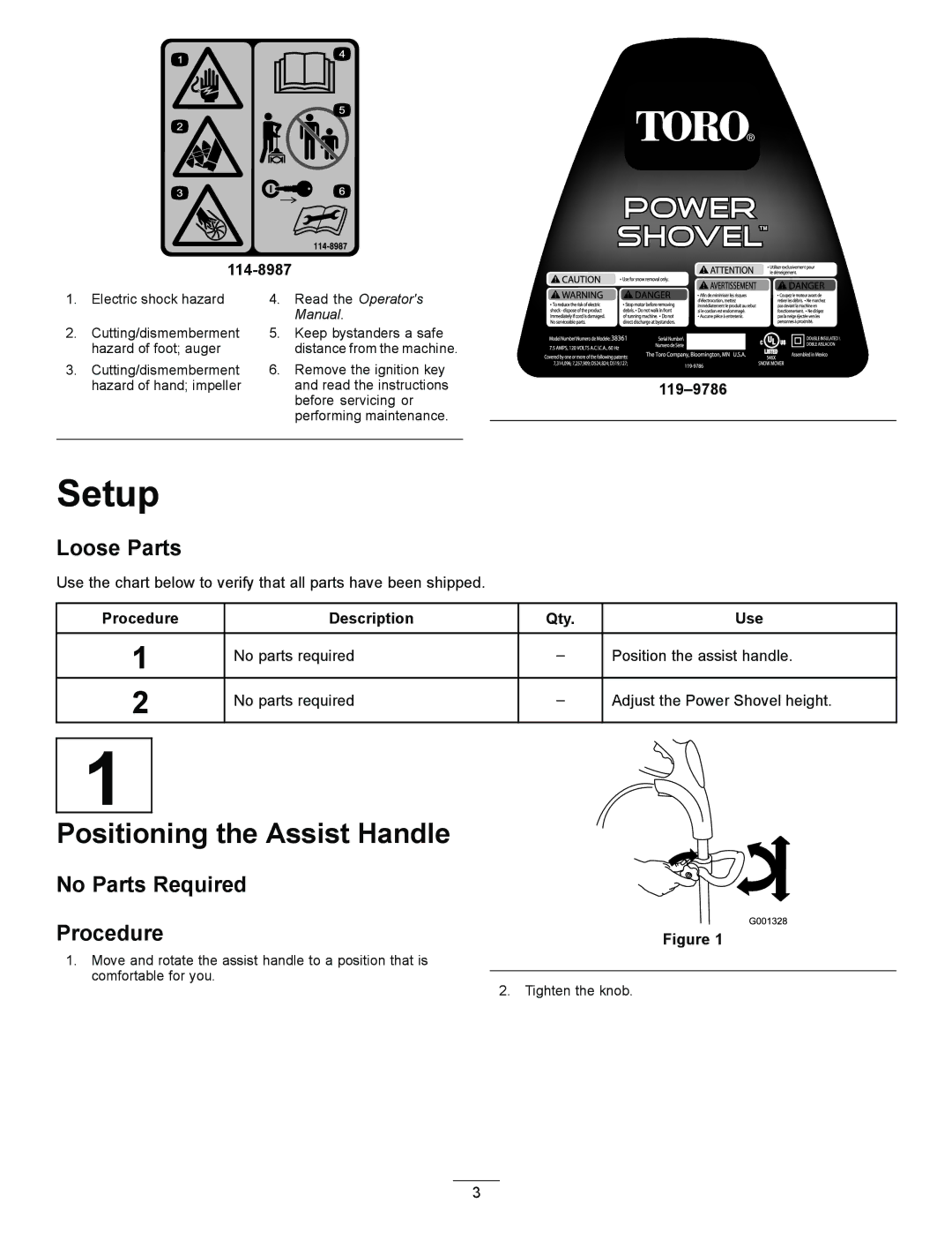 Toro 38361 Setup, Positioning the Assist Handle, 114-8987, 119-9786, Procedure Description Qty Use 