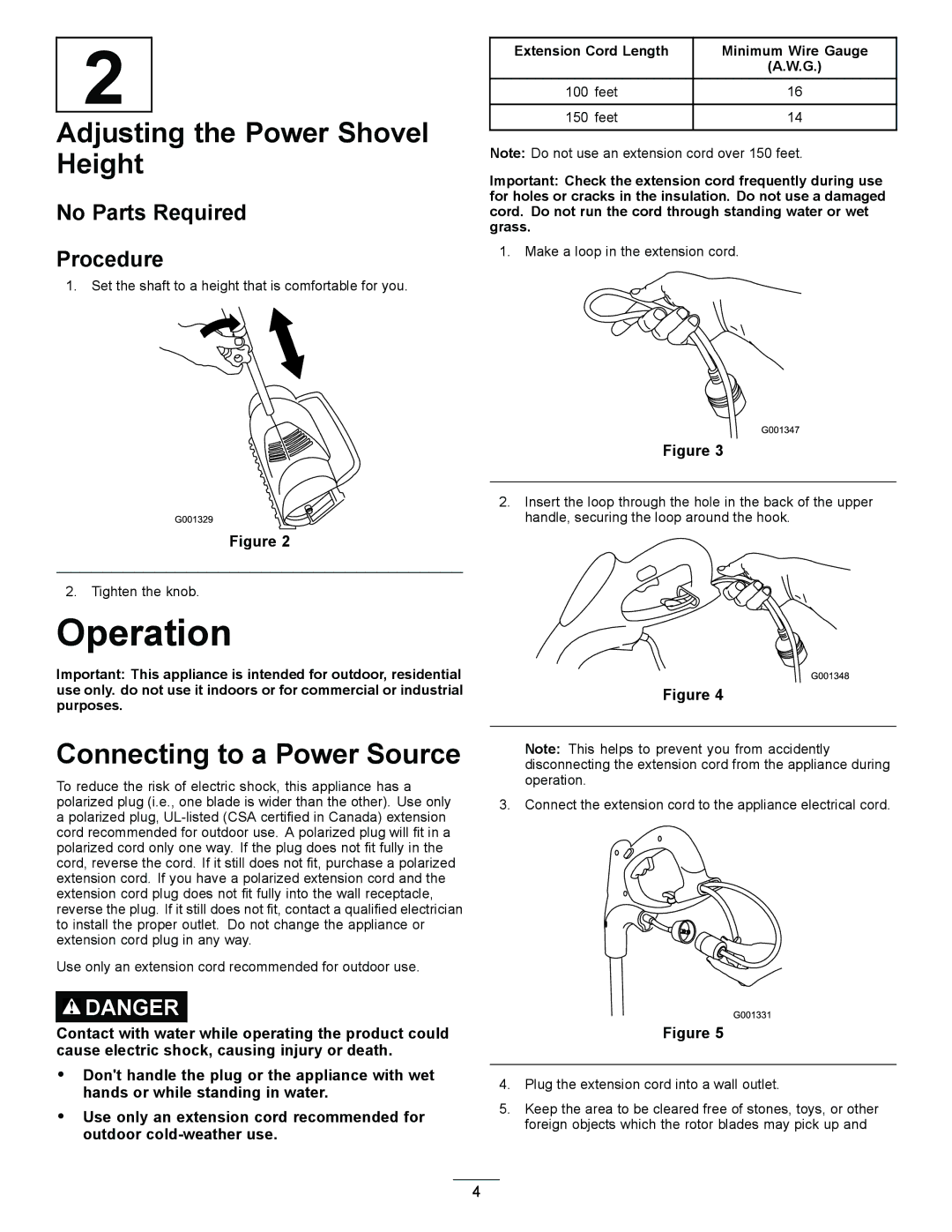 Toro 38361 important safety instructions Operation, Adjusting the Power Shovel Height, Connecting to a Power Source 