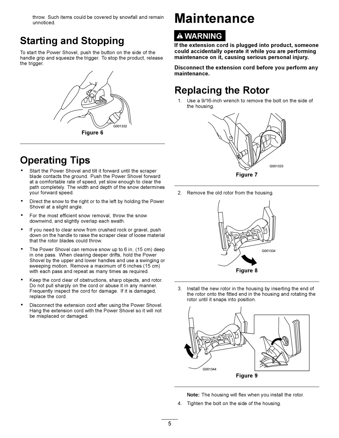 Toro 38361 important safety instructions Maintenance, Starting and Stopping, Operating Tips, Replacing the Rotor 