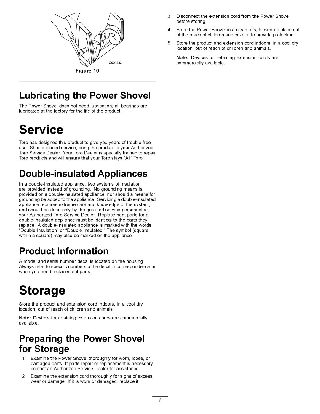 Toro 38361 important safety instructions Service, Storage 