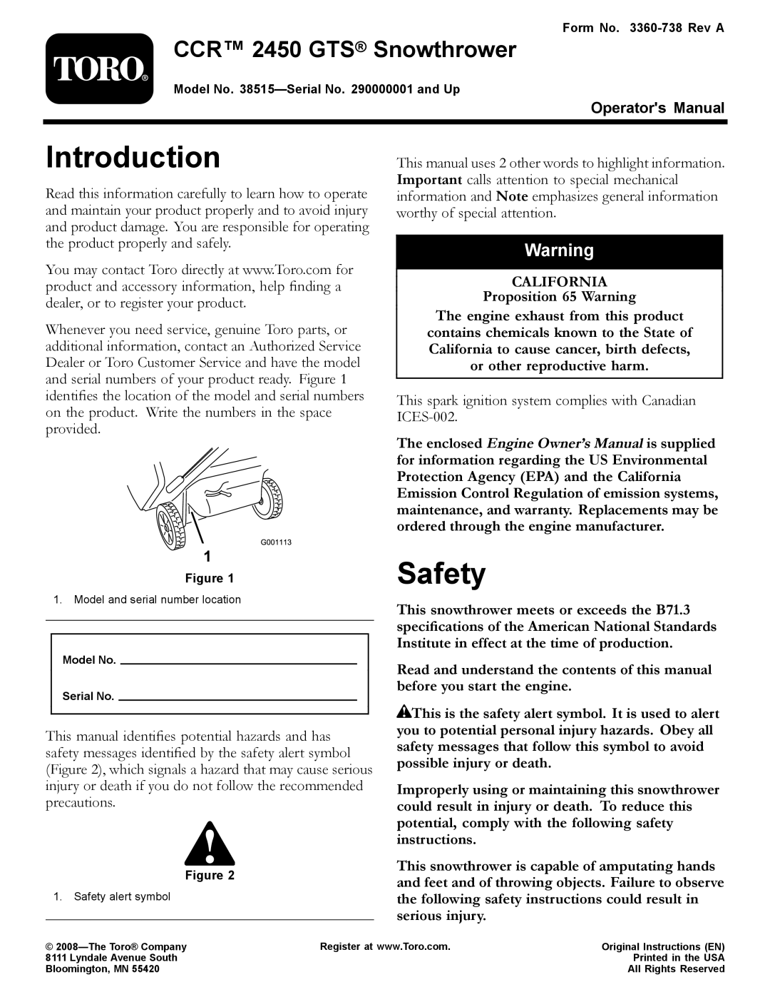 Toro 38515 owner manual Introduction, Safety, CCR 2450 GTS Snowthrower 