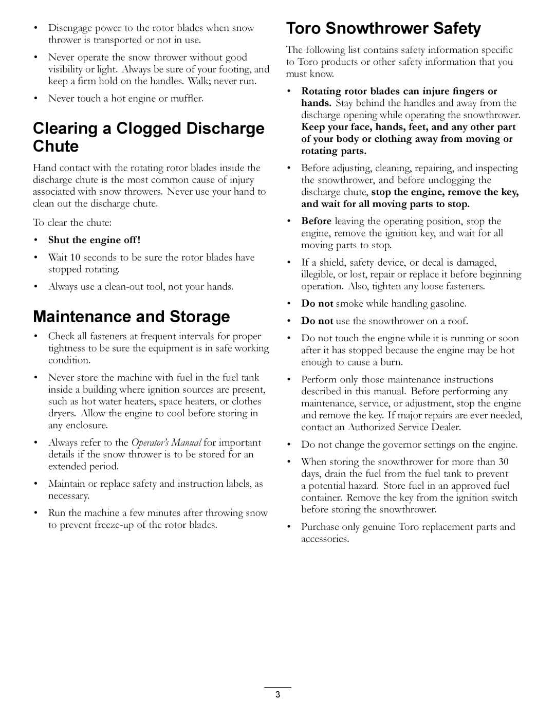 Toro 38515 owner manual Clearing a Clogged Discharge Chute, Maintenance and Storage, Toro Snowthrower Safety 