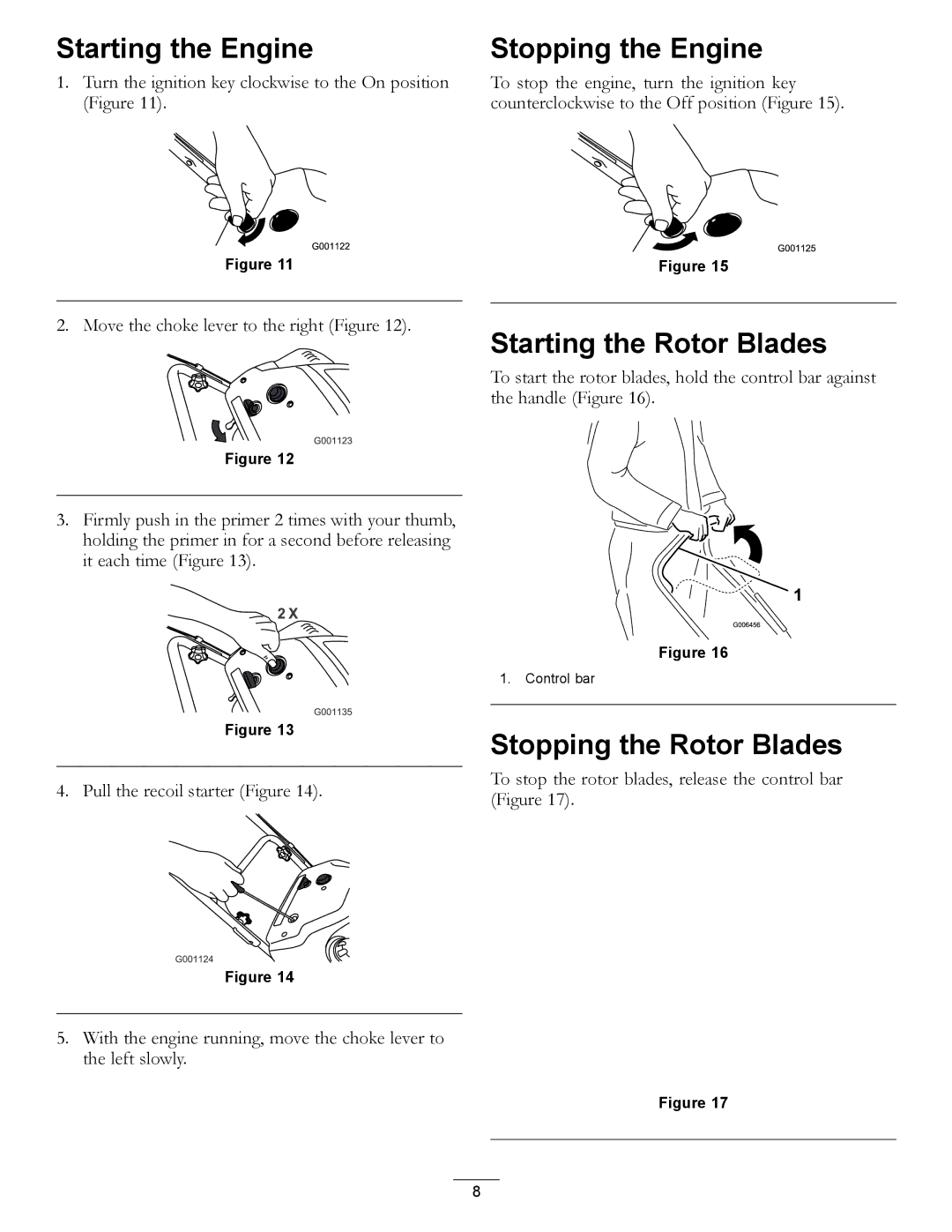 Toro 38515 owner manual Starting the Engine, Stopping the Engine, Starting the Rotor Blades, Stopping the Rotor Blades 