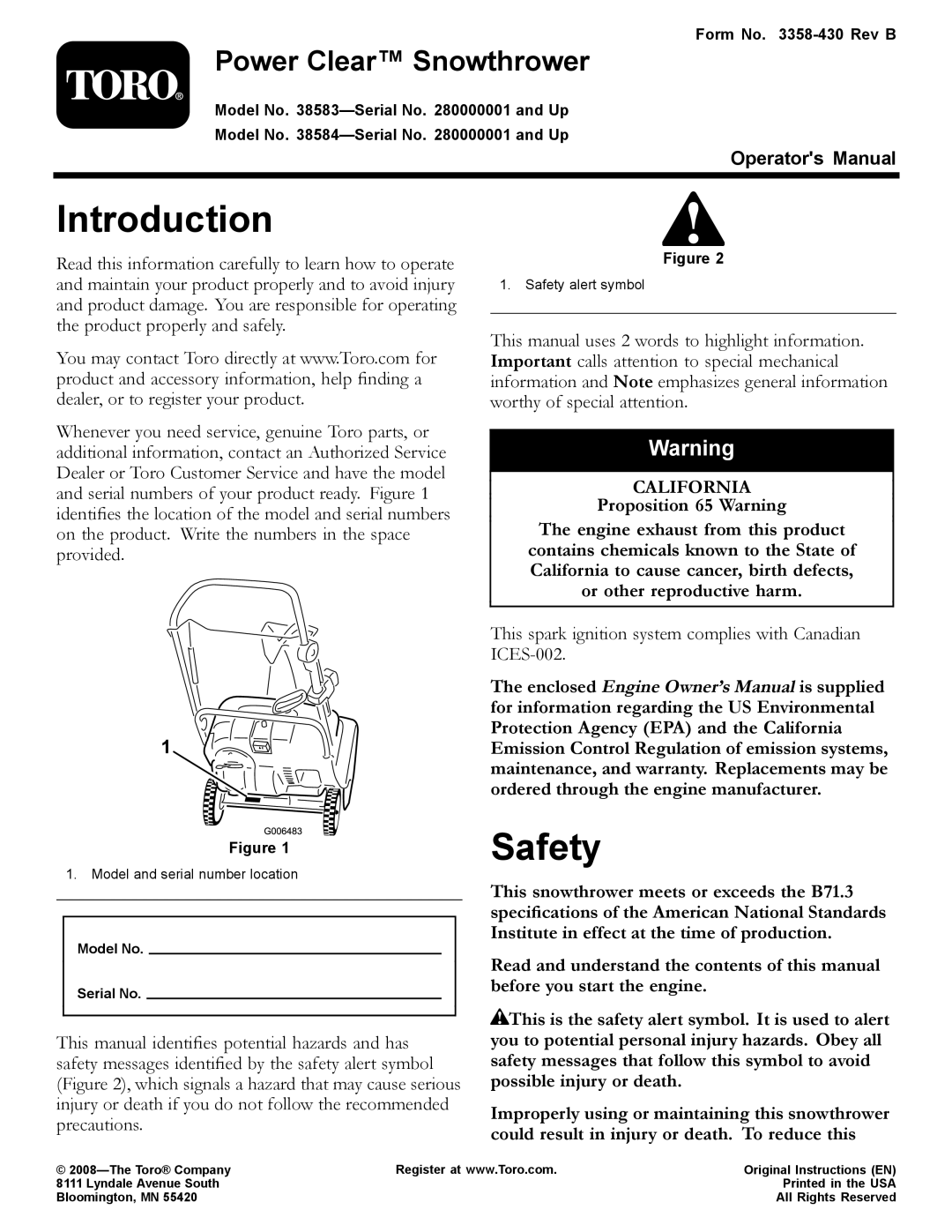 Toro 38583, 38584 owner manual Introduction, Safety, Power Clear Snowthrower 