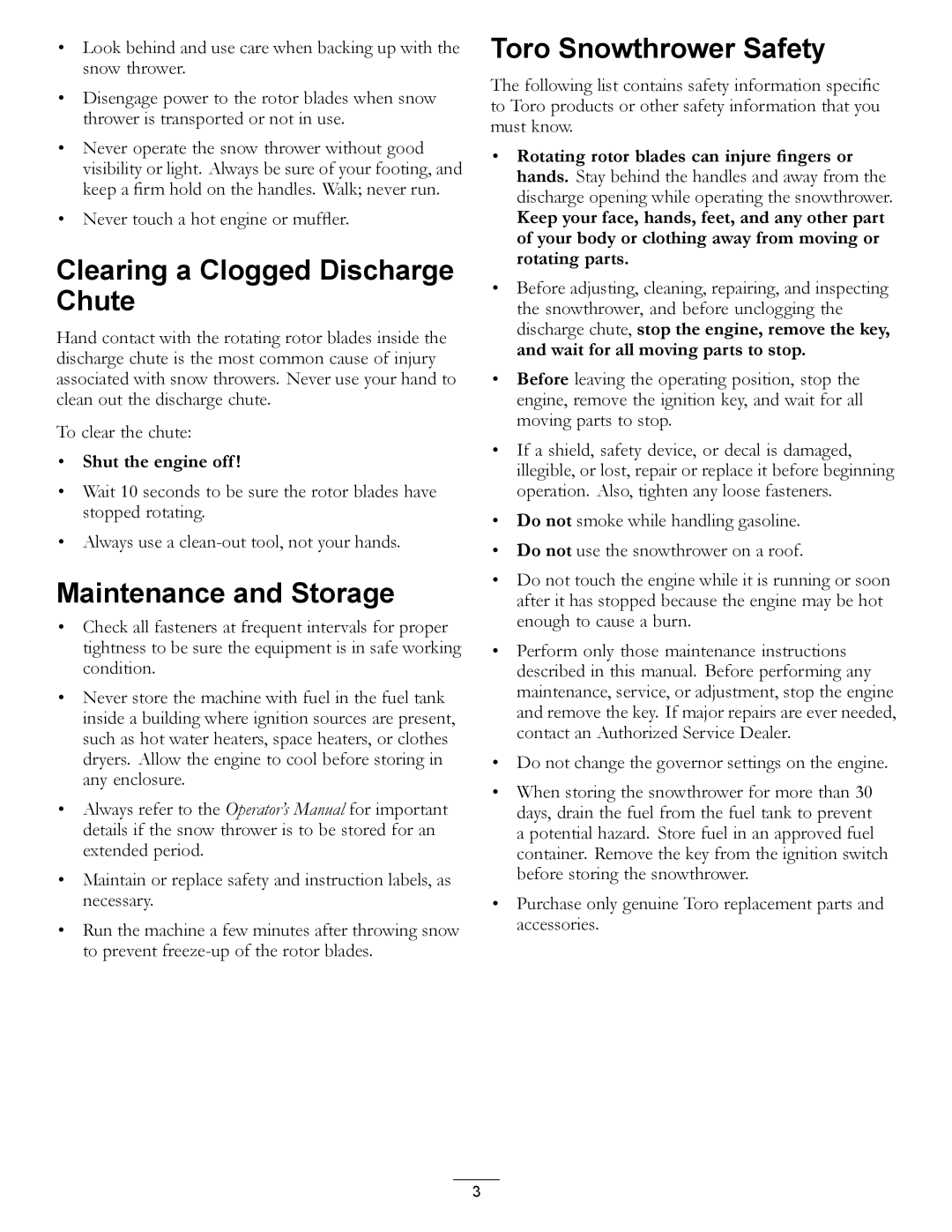 Toro 38583, 38584 owner manual Clearing a Clogged Discharge Chute, Maintenance and Storage, Toro Snowthrower Safety 