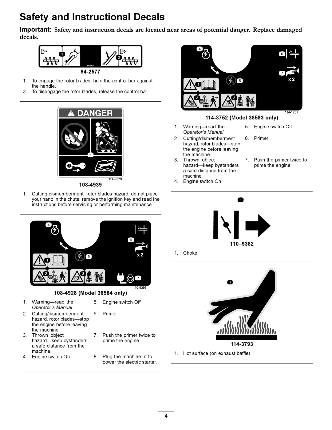 Toro 38584, 38583 owner manual Safety and Instructional Decals, 94-2577 