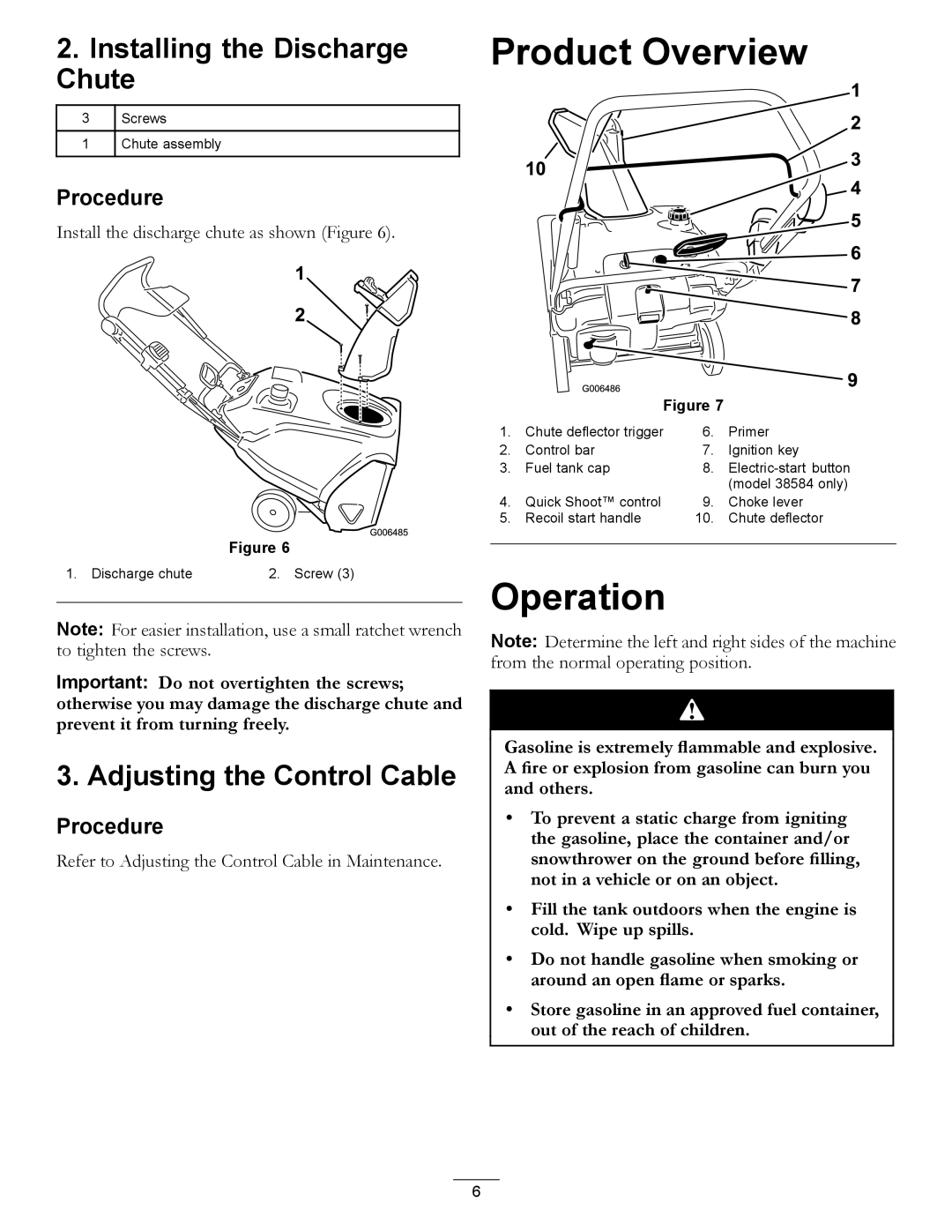 Toro 38584, 38583 owner manual Product Overview, Operation, Installing the Discharge Chute, Adjusting the Control Cable 