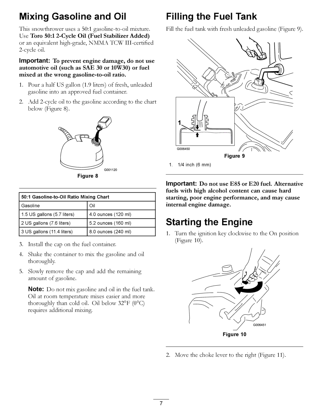 Toro 38583, 38584 owner manual Mixing Gasoline and Oil, Filling the Fuel Tank, Starting the Engine 