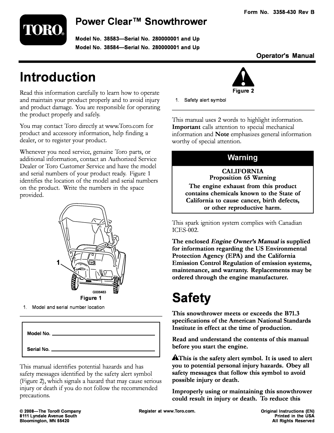 Toro 38583 owner manual Introduction, Safety, Power Clear Snowthrower, Operators Manual, CALIFORNIA Proposition 65 Warning 