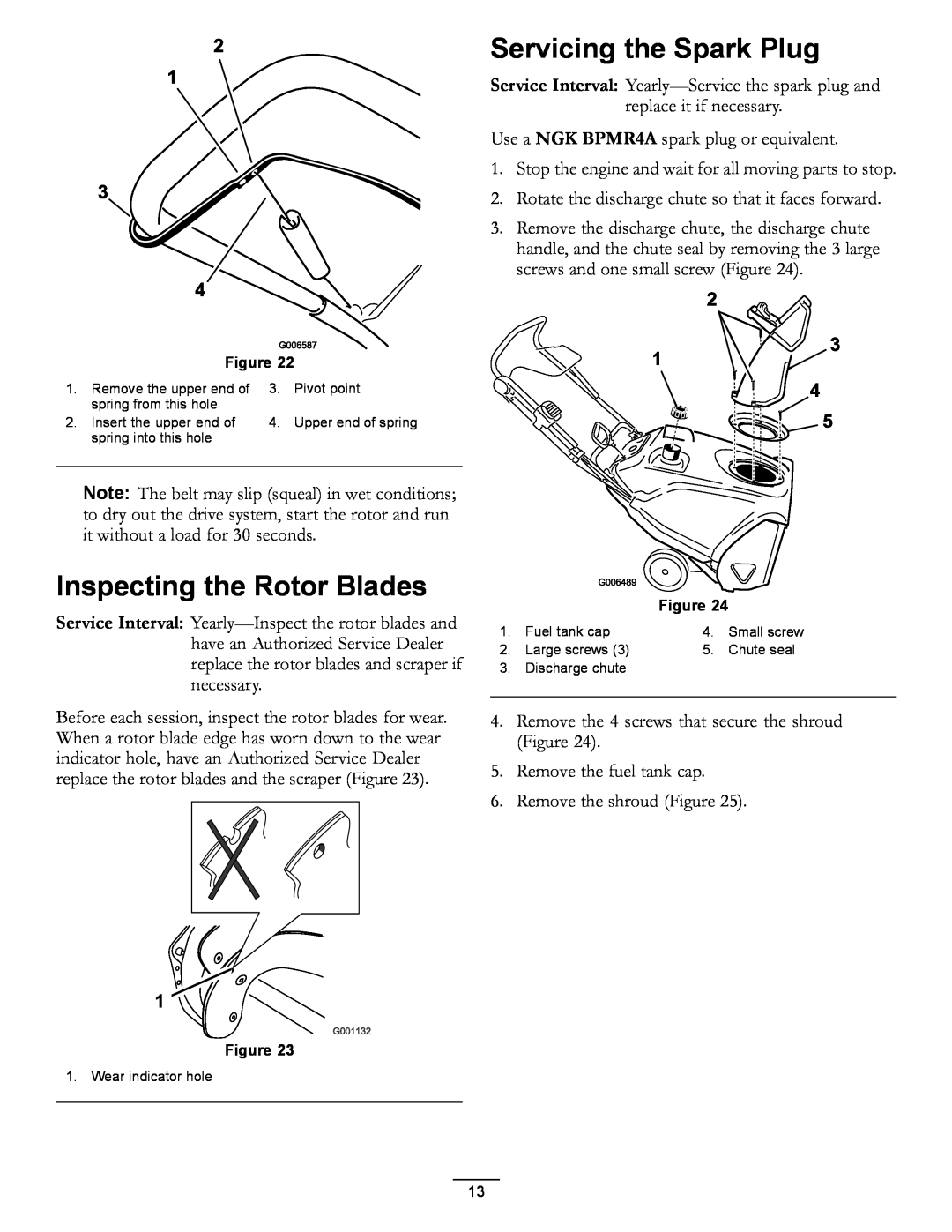 Toro 38583, 38584 owner manual Servicing the Spark Plug, Inspecting the Rotor Blades 