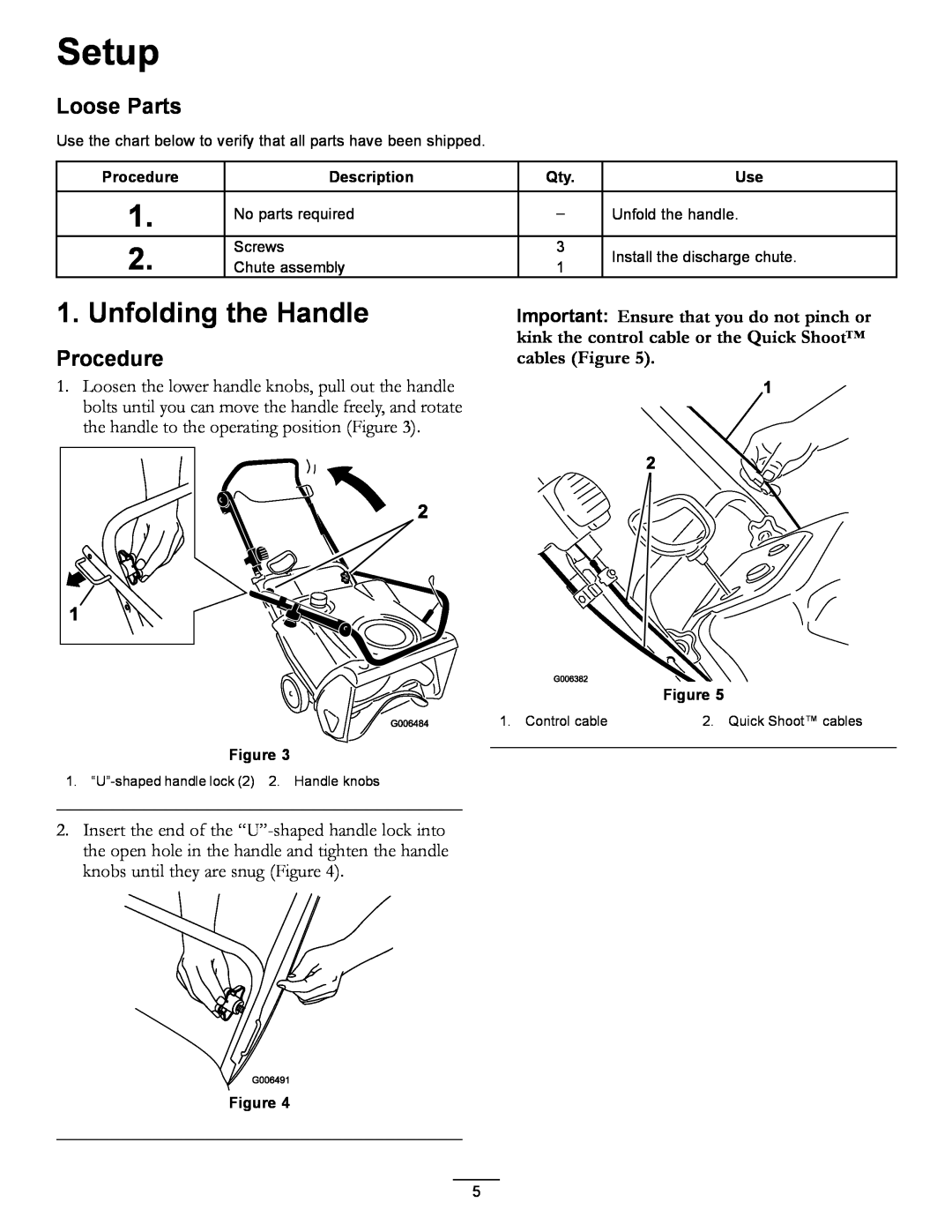 Toro 38583, 38584 owner manual Setup, Unfolding the Handle, Loose Parts, Procedure, Description 