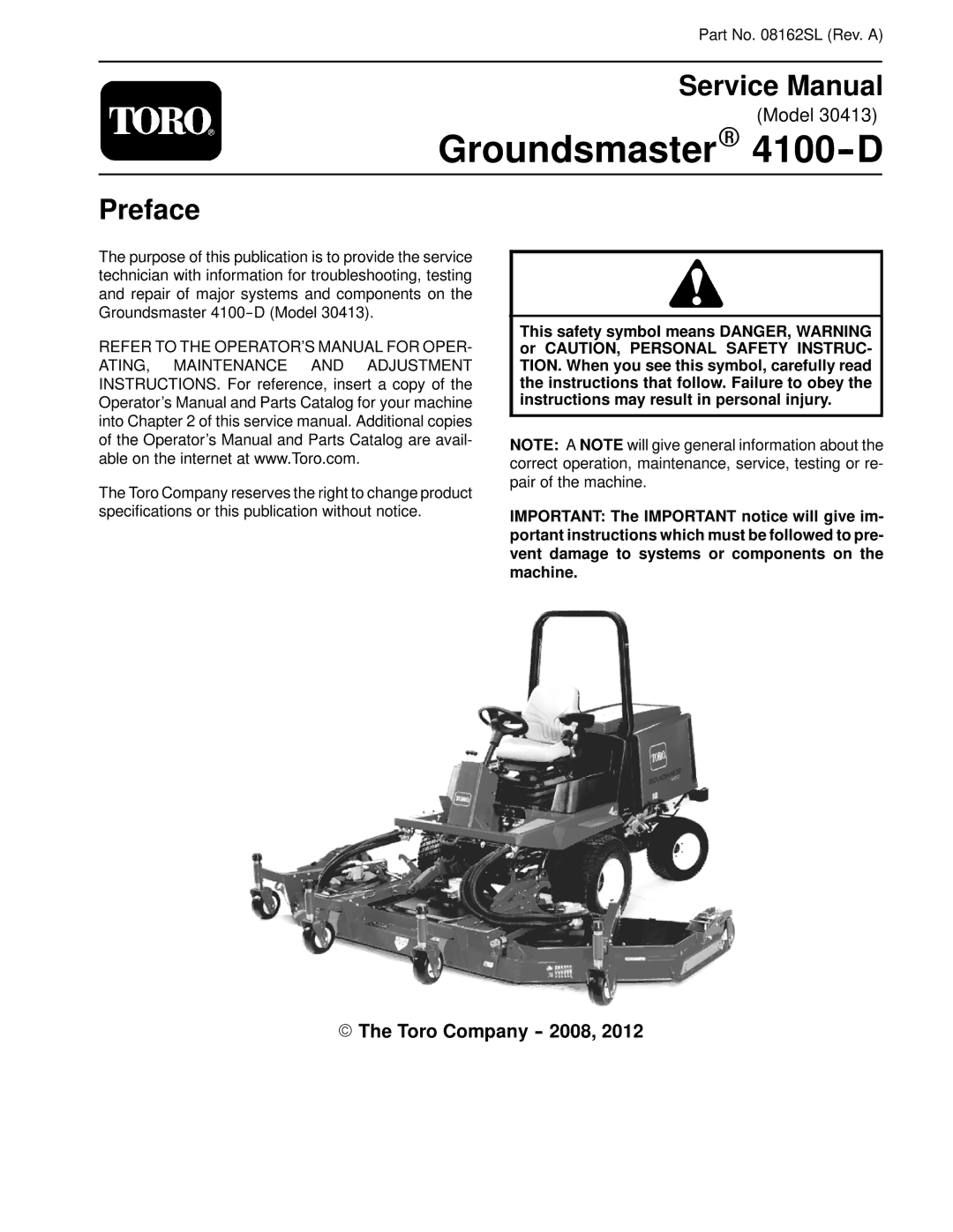 Toro 4100-D service manual Preface, Toro Company 2008 