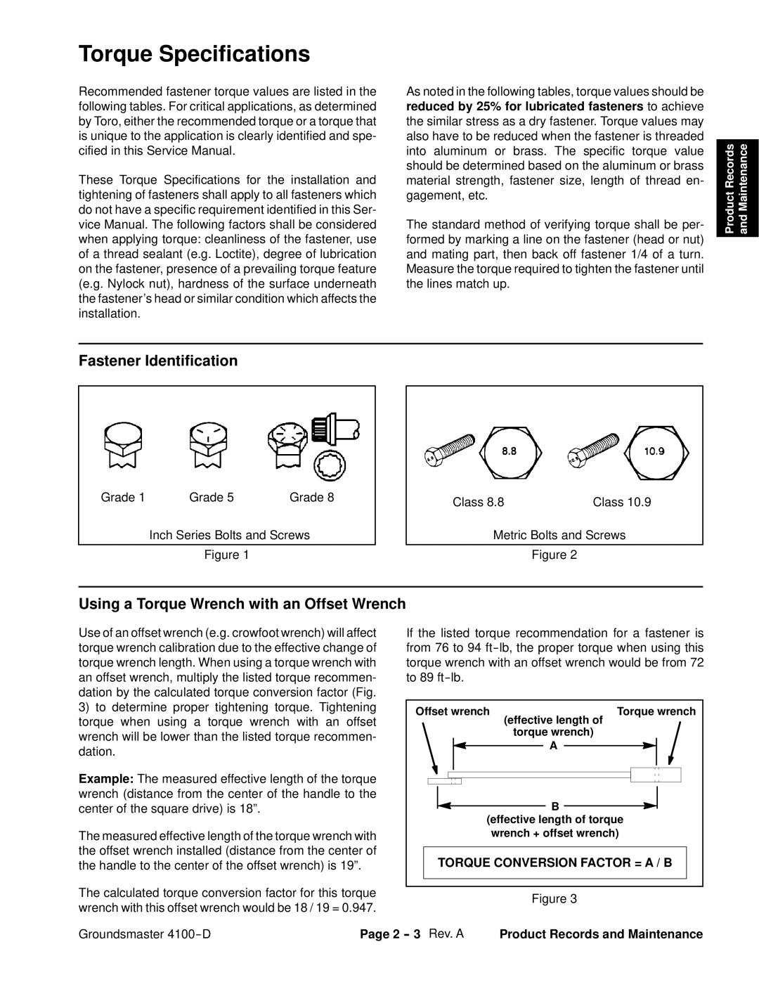 Toro 4100-D service manual Torque Specifications, Fastener Identification, Using a Torque Wrench with an Offset Wrench 