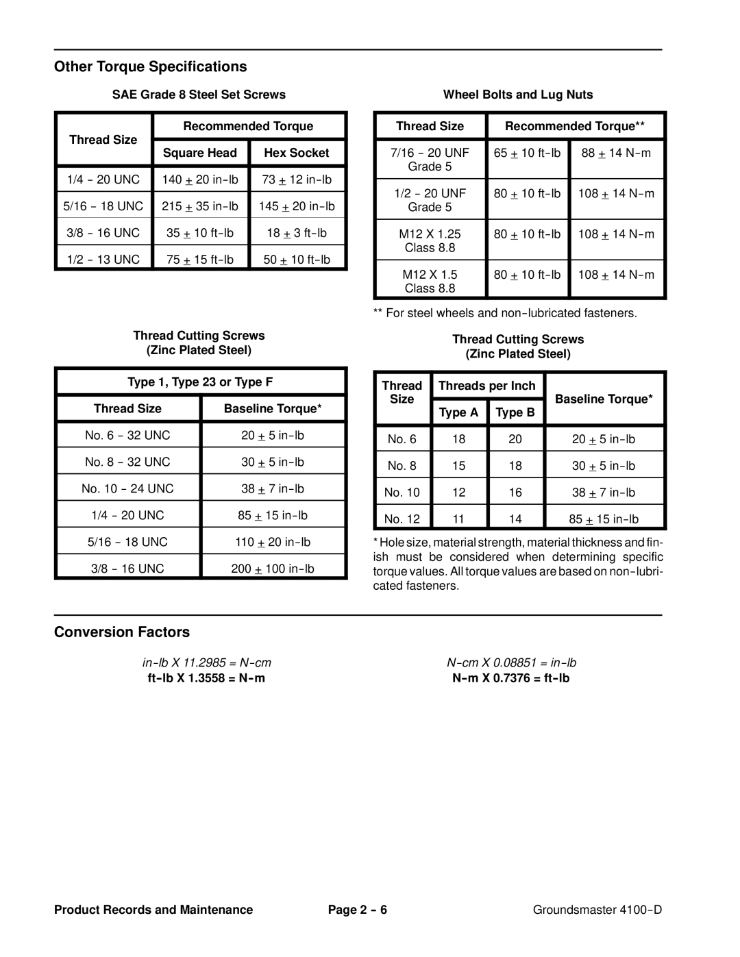 Toro 4100-D service manual Other Torque Specifications, Conversion Factors 