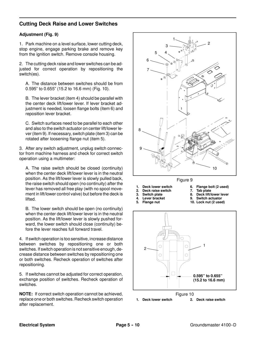 Toro 4100-D service manual Cutting Deck Raise and Lower Switches, Adjustment Fig 