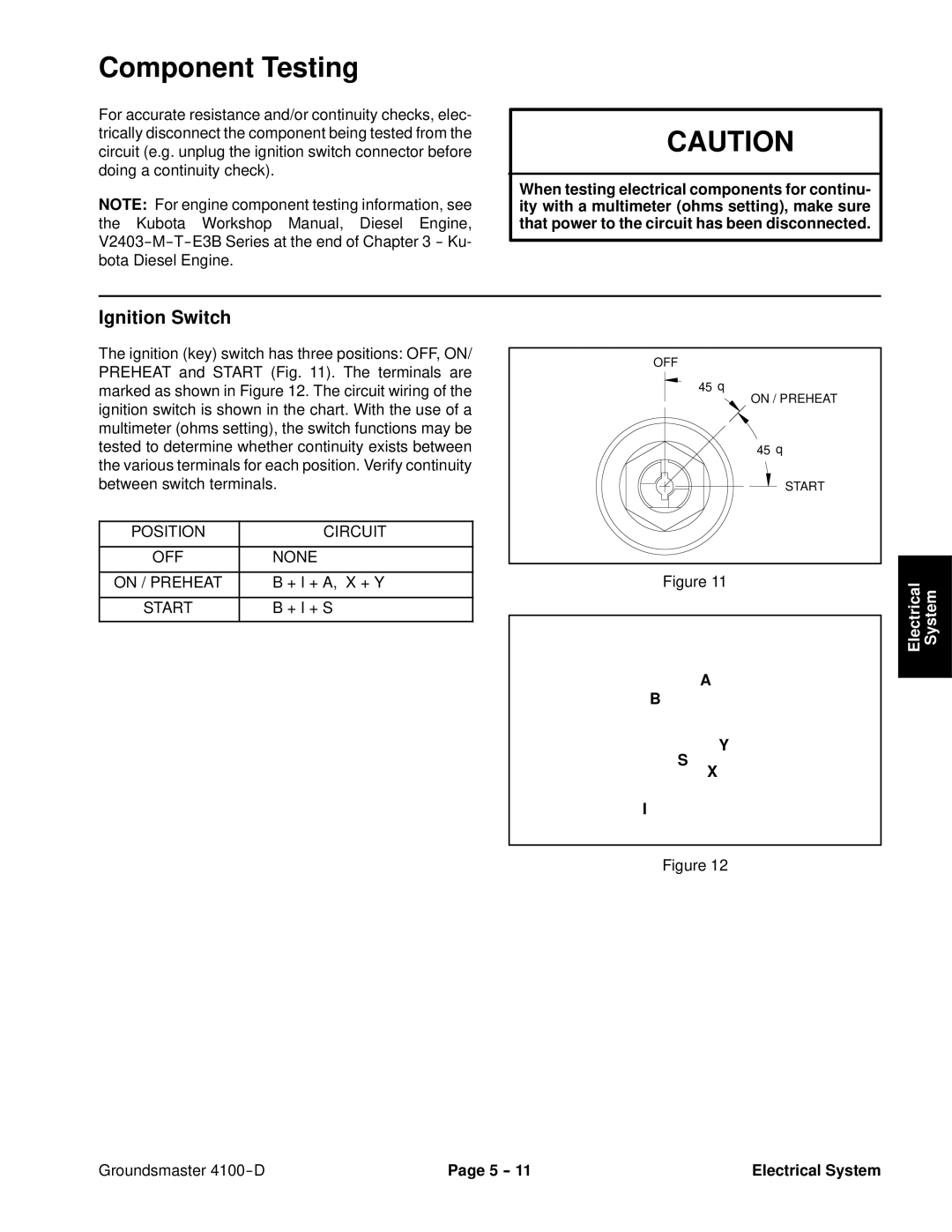 Toro 4100-D service manual Component Testing, Ignition Switch 