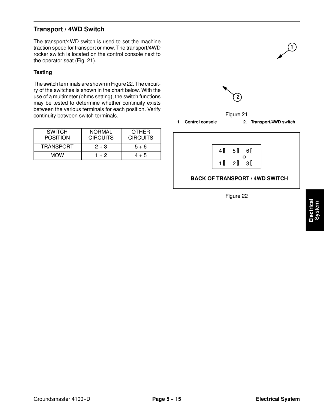 Toro 4100-D service manual Transport / 4WD Switch 